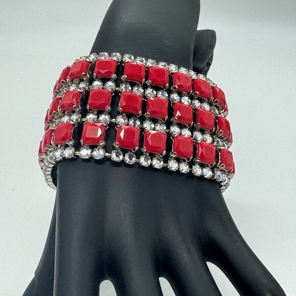 Lane Bryant 2 inch Width Sparkling Red Silver tone Bangle Style Bracelet - Picture 3 of 5